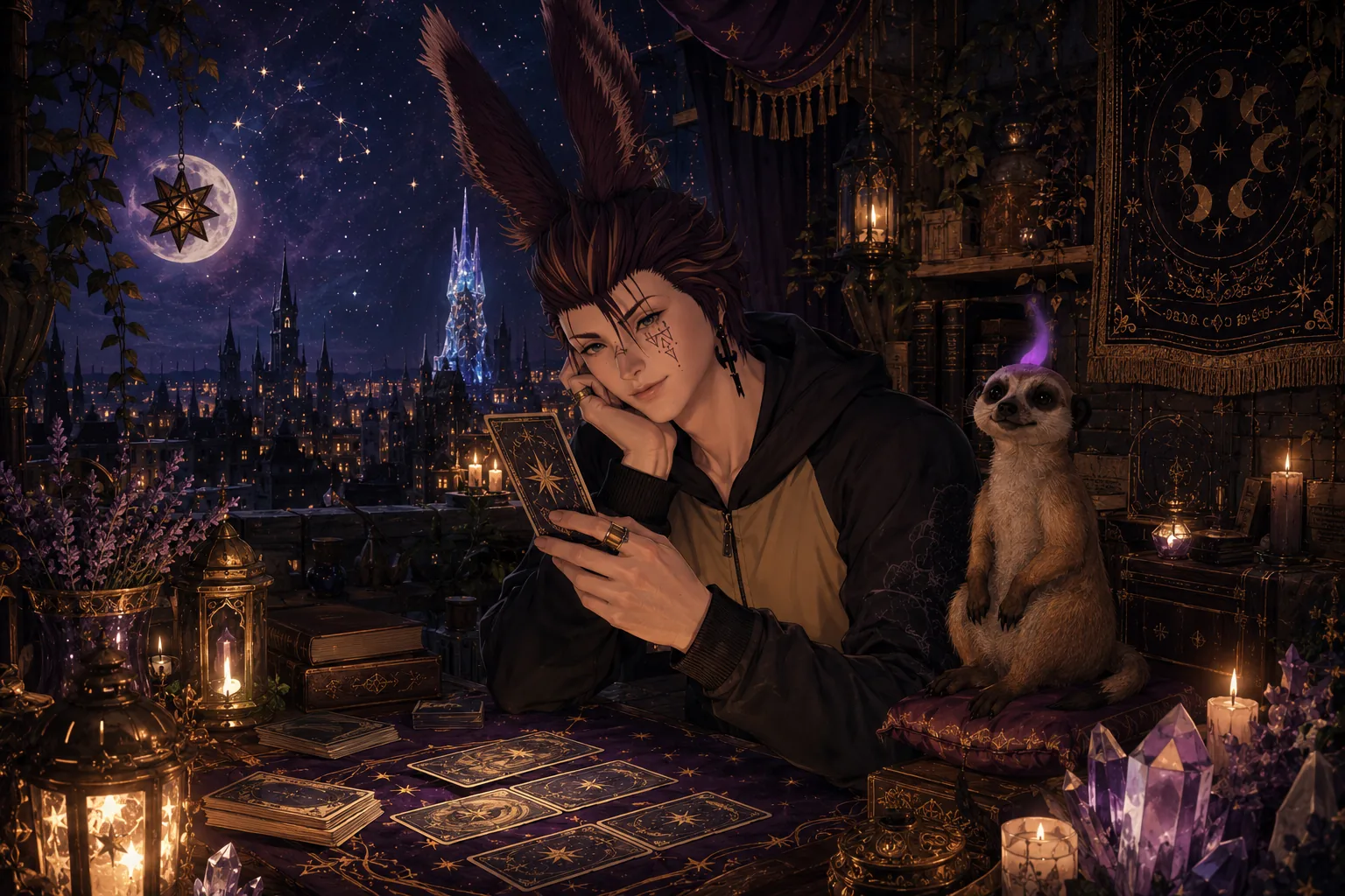 Nicky Starfall reading tarot beneath a starlit sky, his meerkat at his side
