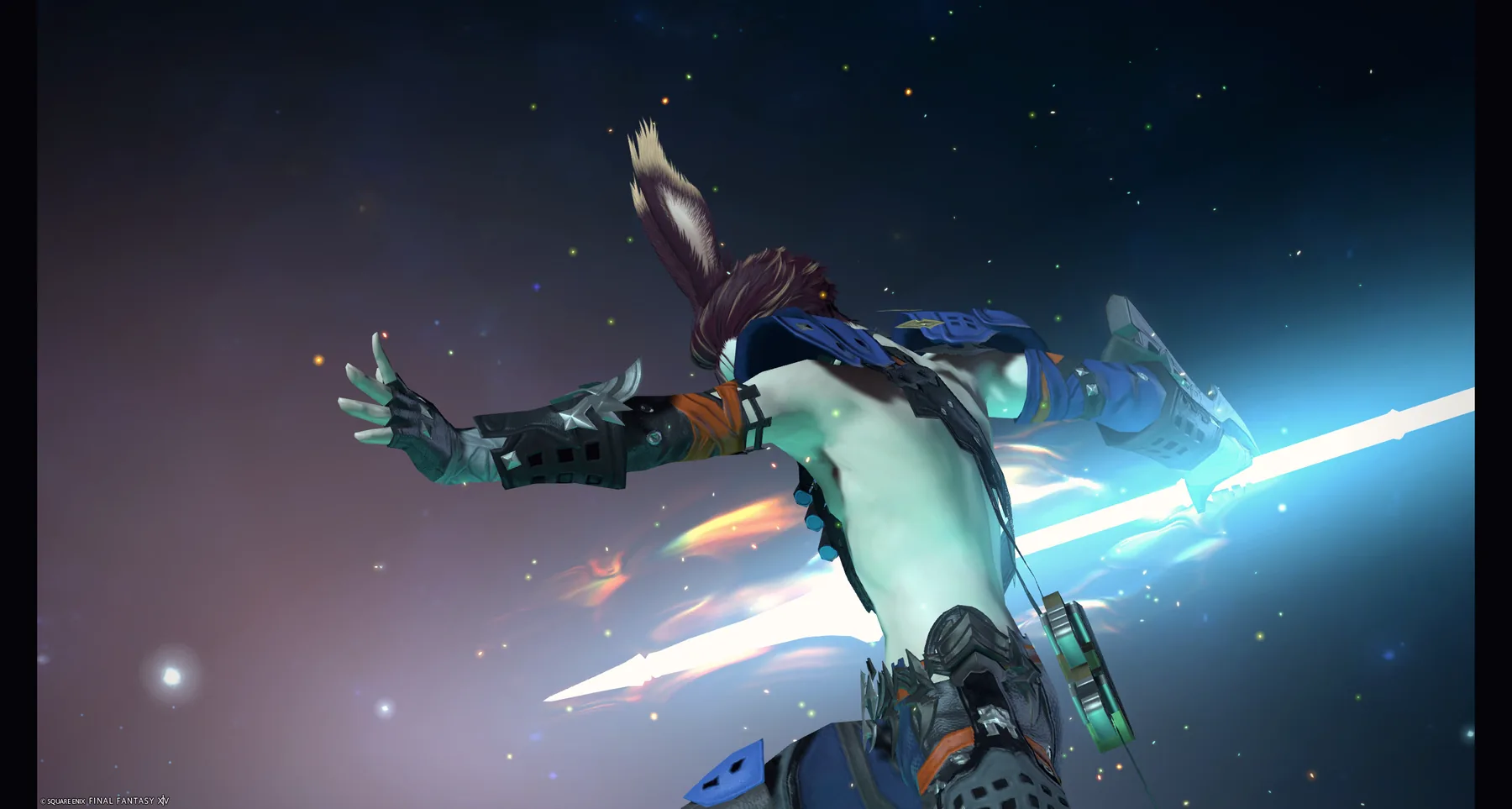 Nicky Starfall leaping through a starfield, lance trailing light