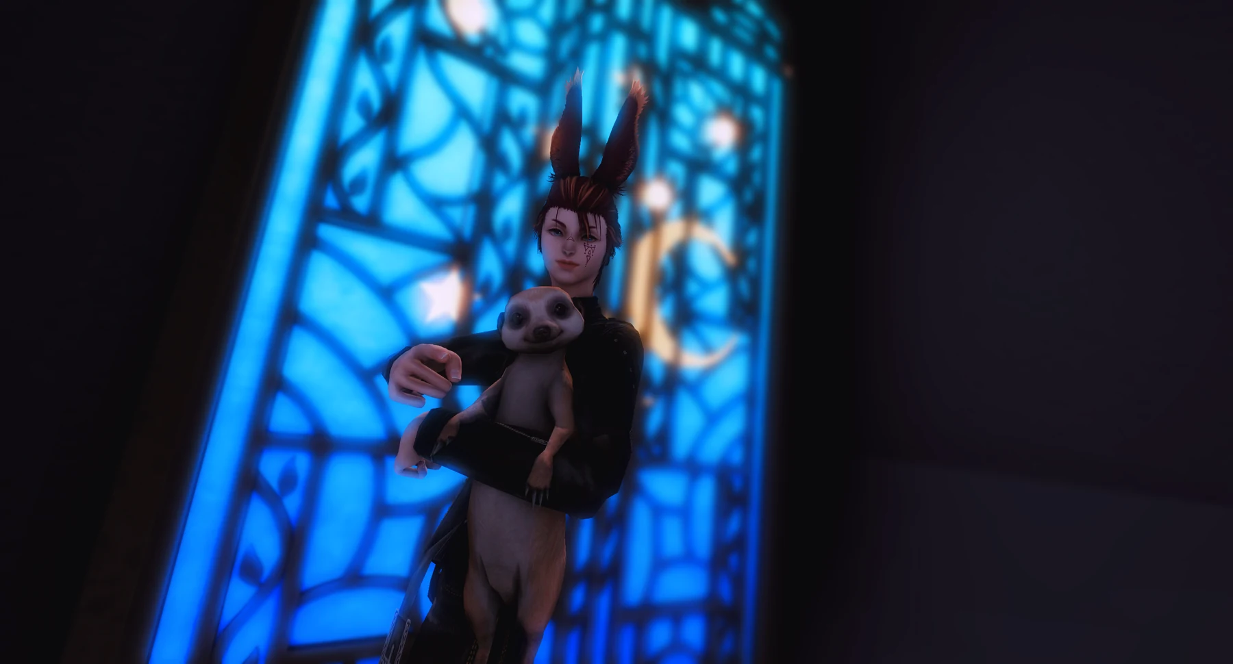 Nicky Starfall holding his meerkat companion before a blue stained glass window